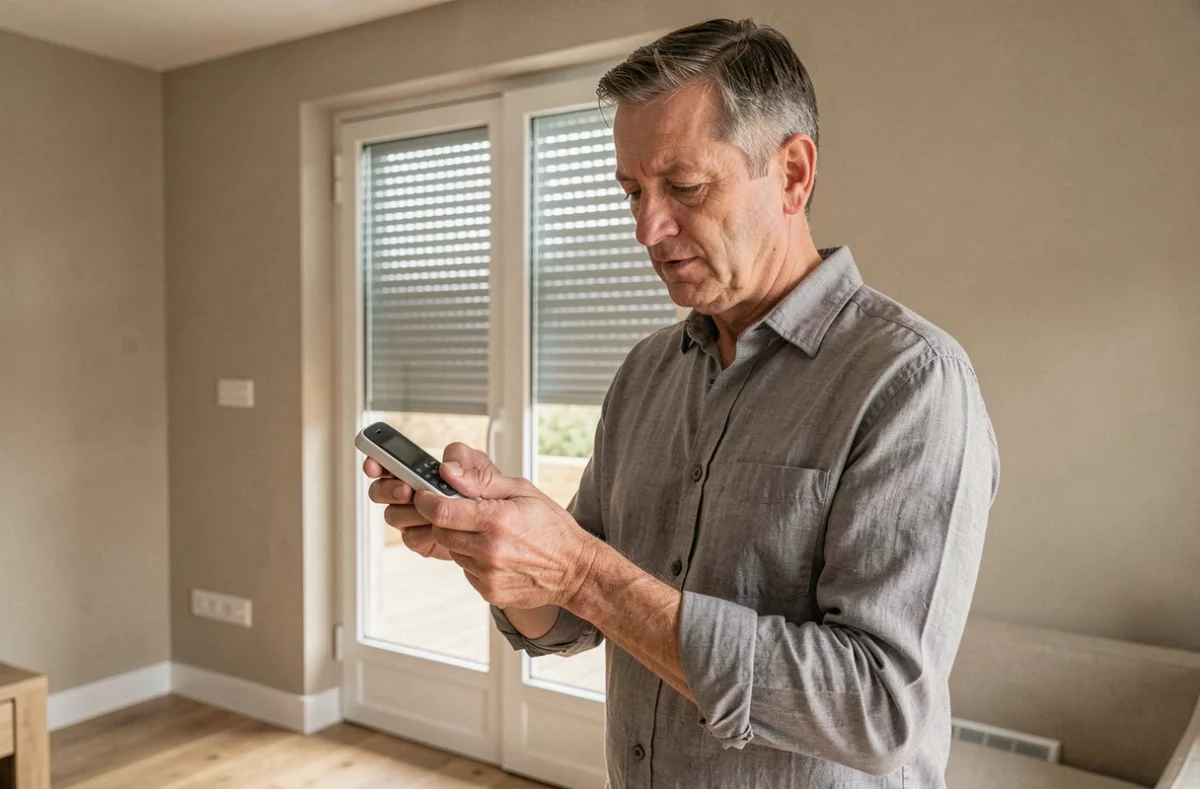 Homme programmant une télécommande Somfy face à un volet roulant dans un salon moderne