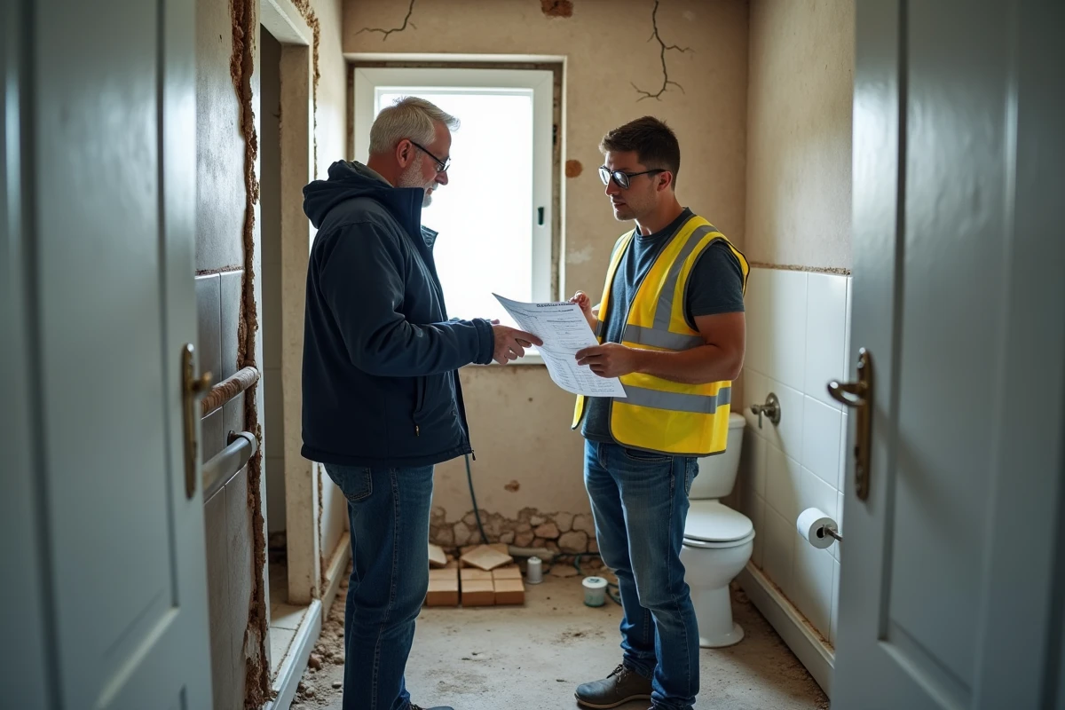 Propriétaire et artisan examinant un devis de réparation urgente dans une salle de bain en travaux