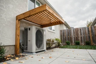 Pompe à chaleur extérieure protégée par un auvent en bois ajouré contre les intempéries