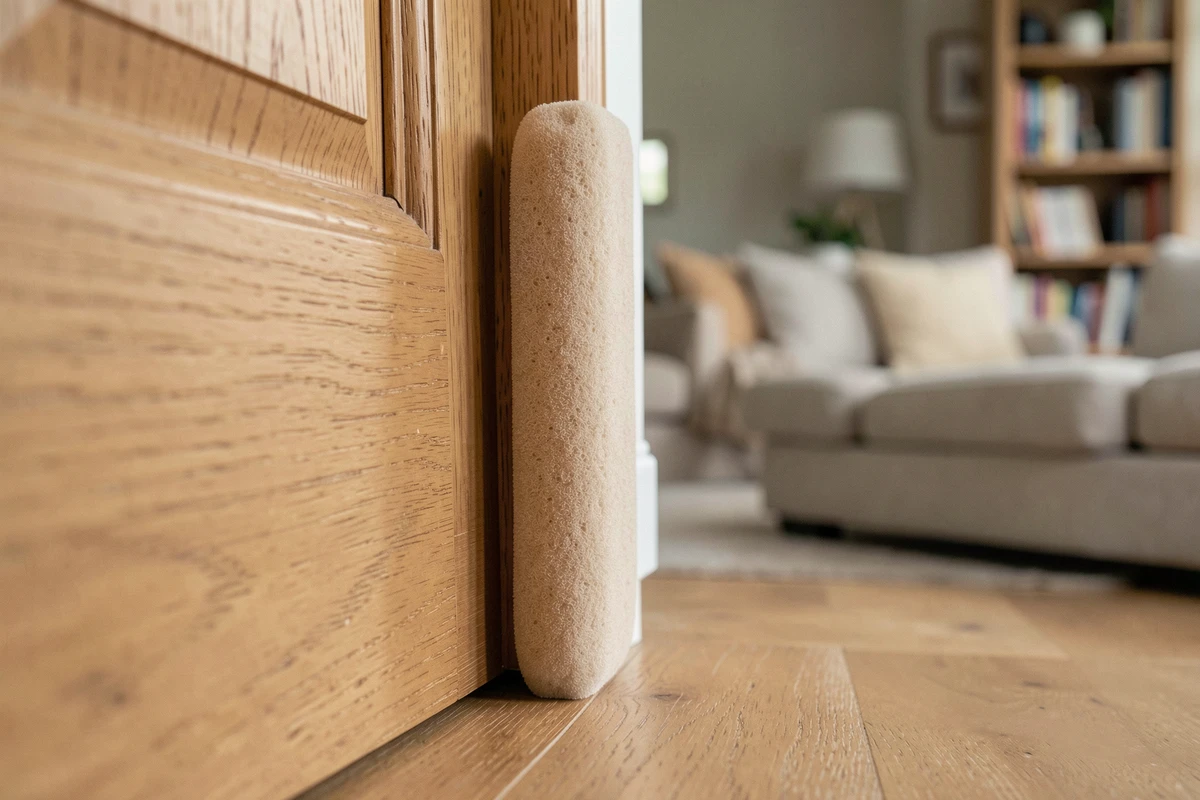 Protège-doigt en mousse beige enroulé autour du bord inférieur d'une porte en bois naturel dans un salon familial