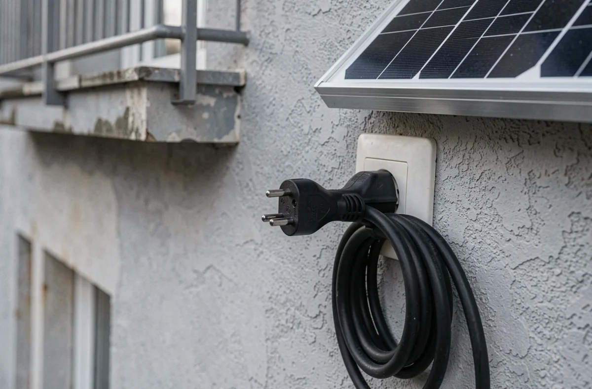 Gros plan sur le raccordement électrique d'un panneau solaire plug and play branché sur une prise murale extérieure d'un balcon