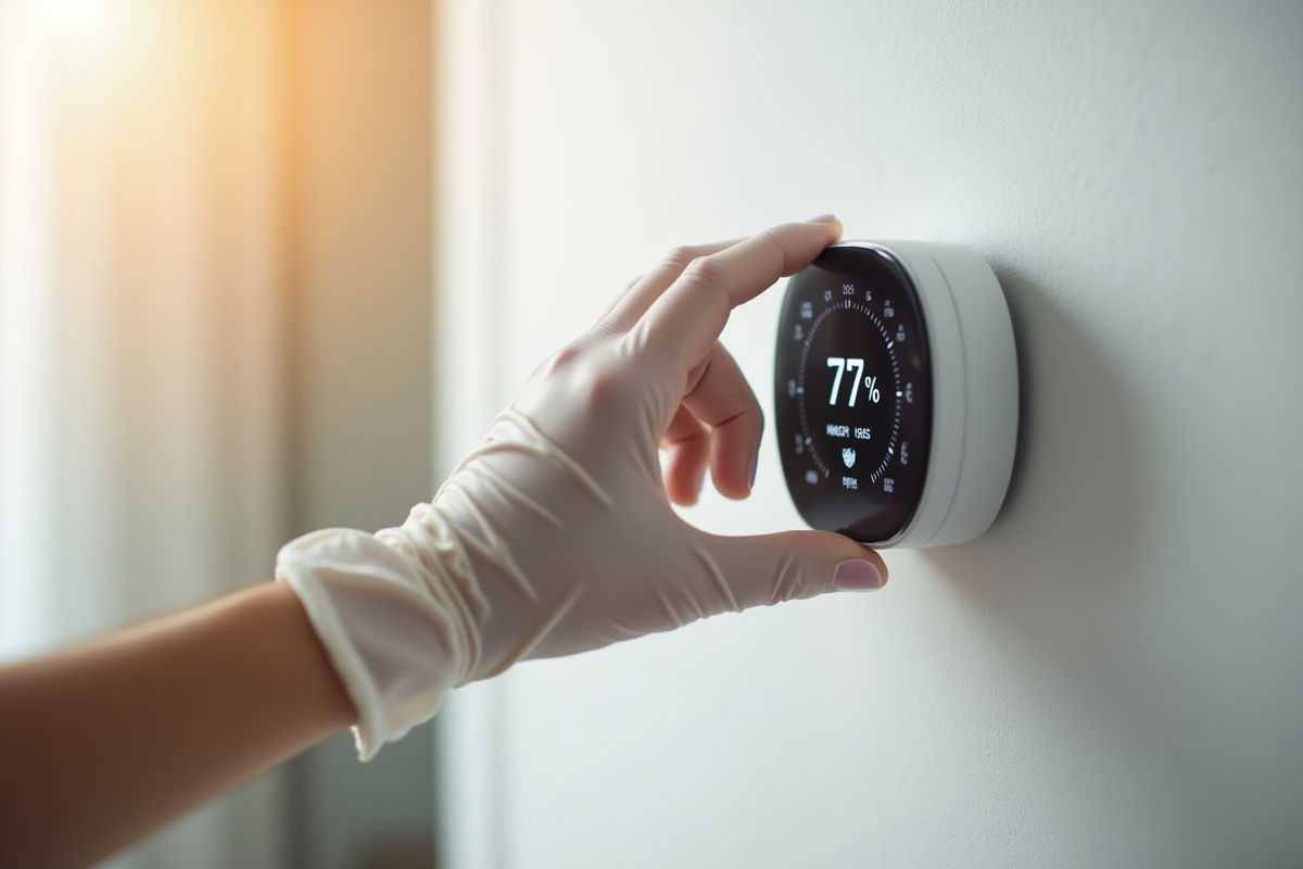 Main gantée ajustant un thermostat moderne dans une maison