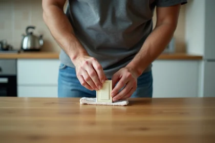 Homme d age moyen nettoyant un interrupteur dans la cuisine