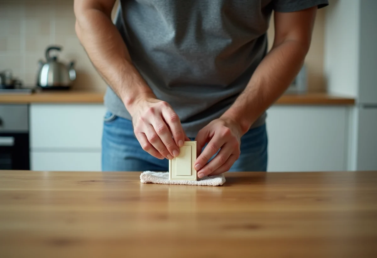 Homme d age moyen nettoyant un interrupteur dans la cuisine