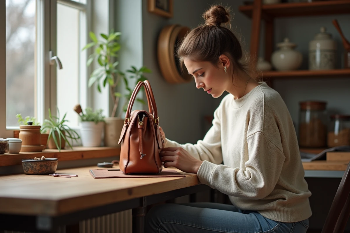 Jeune femme restaurant sac en cuir vintage au travail