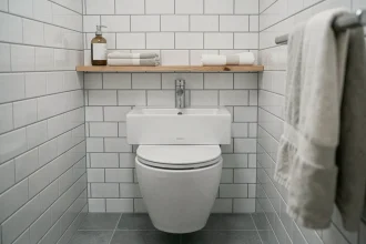 Réservoir lave-main WC intégré en céramique blanche avec robinet chromé dans un petit WC moderne carrelé