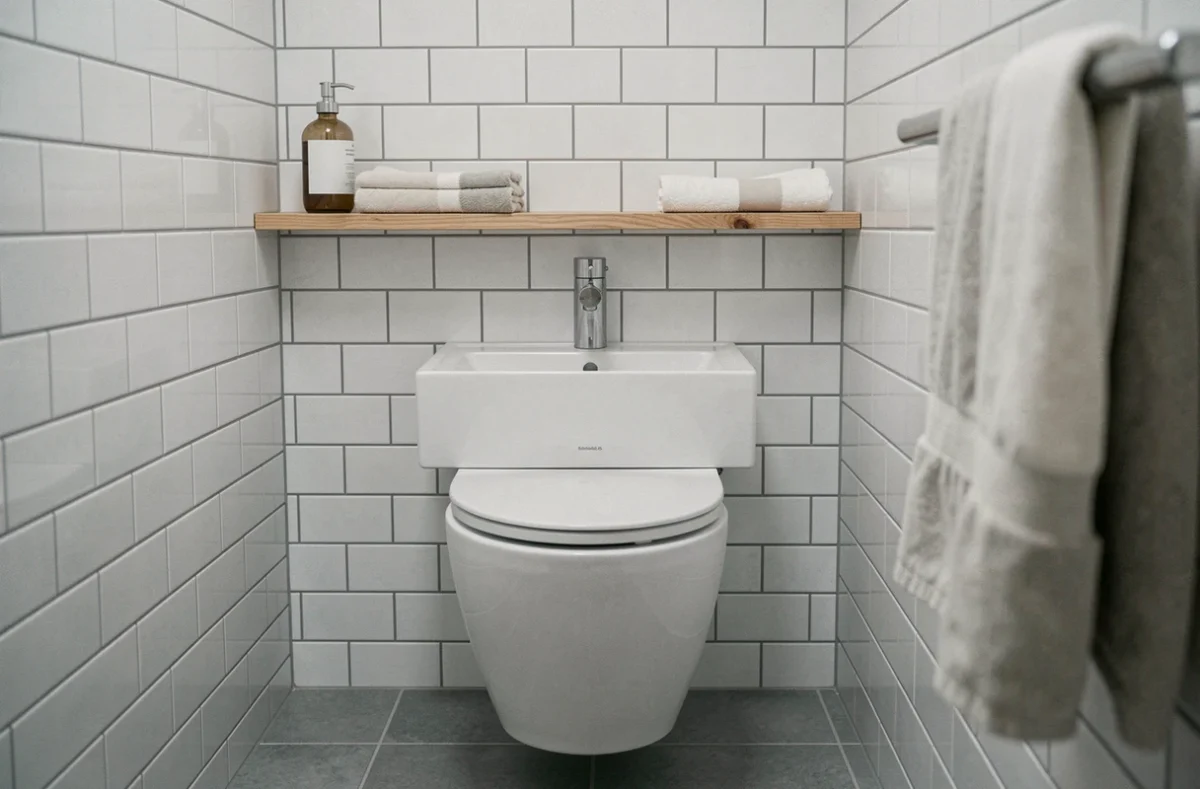 Réservoir lave-main WC intégré en céramique blanche avec robinet chromé dans un petit WC moderne carrelé