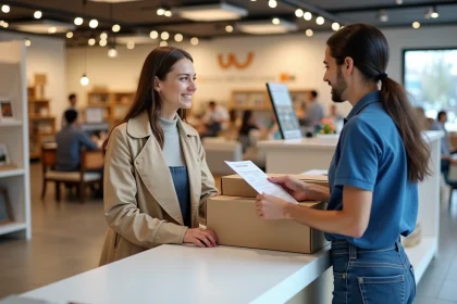 Femme récupérant une commande en ligne au comptoir de retrait marchandises Alinéa en magasin