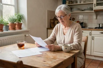 Une femme retraitée examine des documents administratifs sur l'aide ménagère à domicile à sa table de cuisine