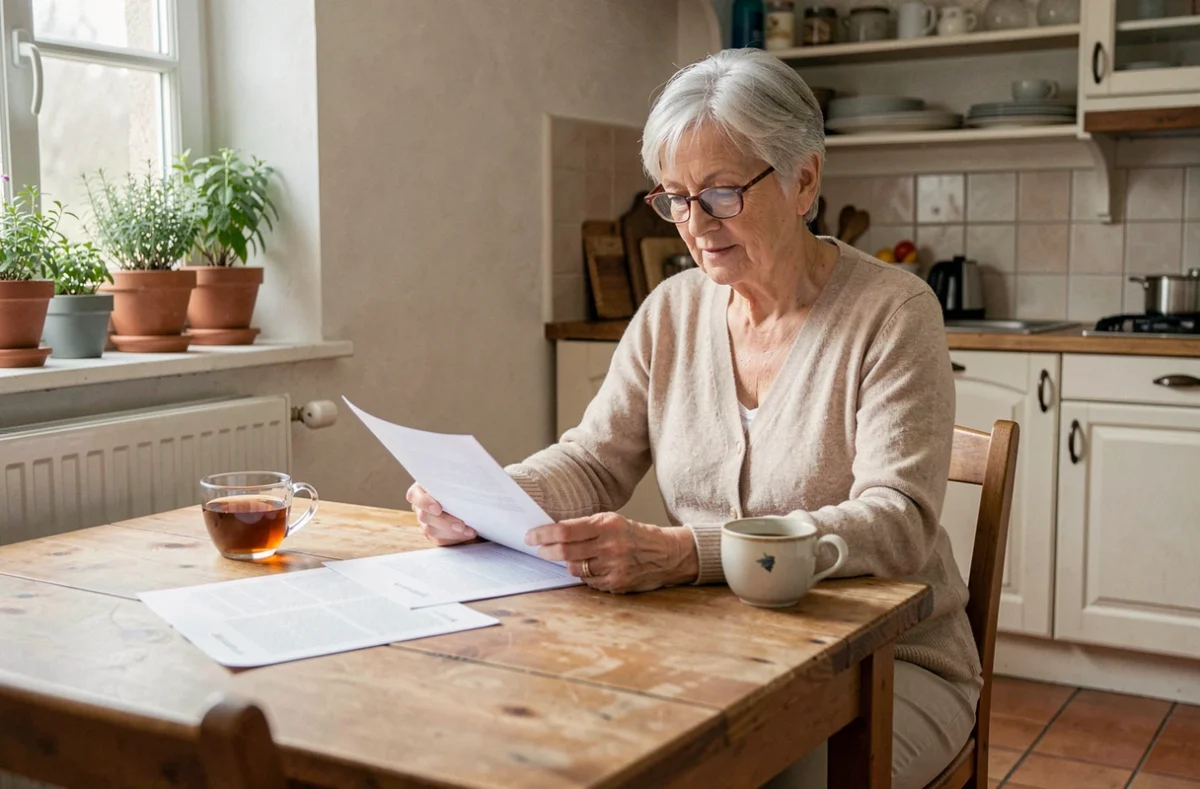 Une femme retraitée examine des documents administratifs sur l'aide ménagère à domicile à sa table de cuisine