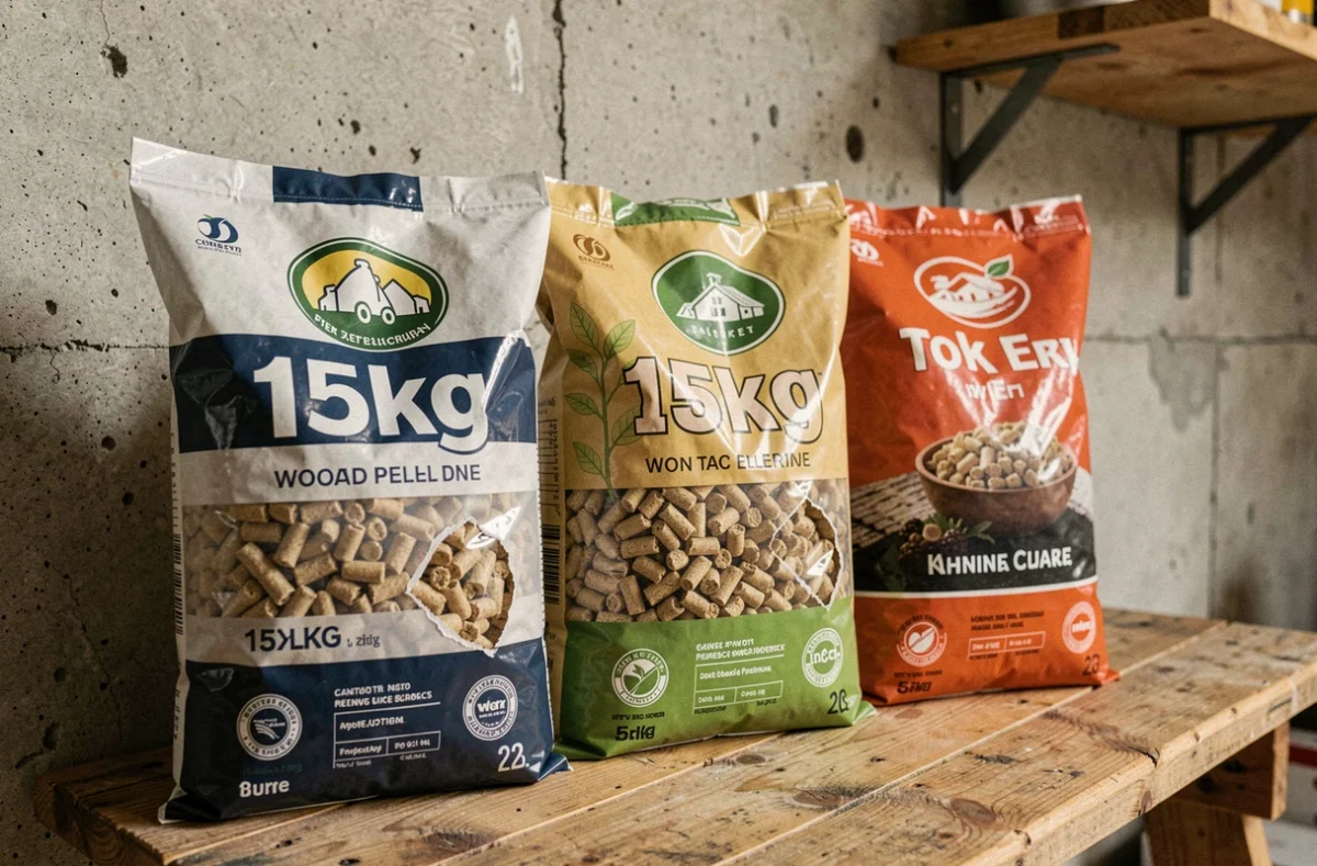 Comparaison de sacs de pellets bois de différentes marques vendues chez Leclerc posés sur une surface en bois