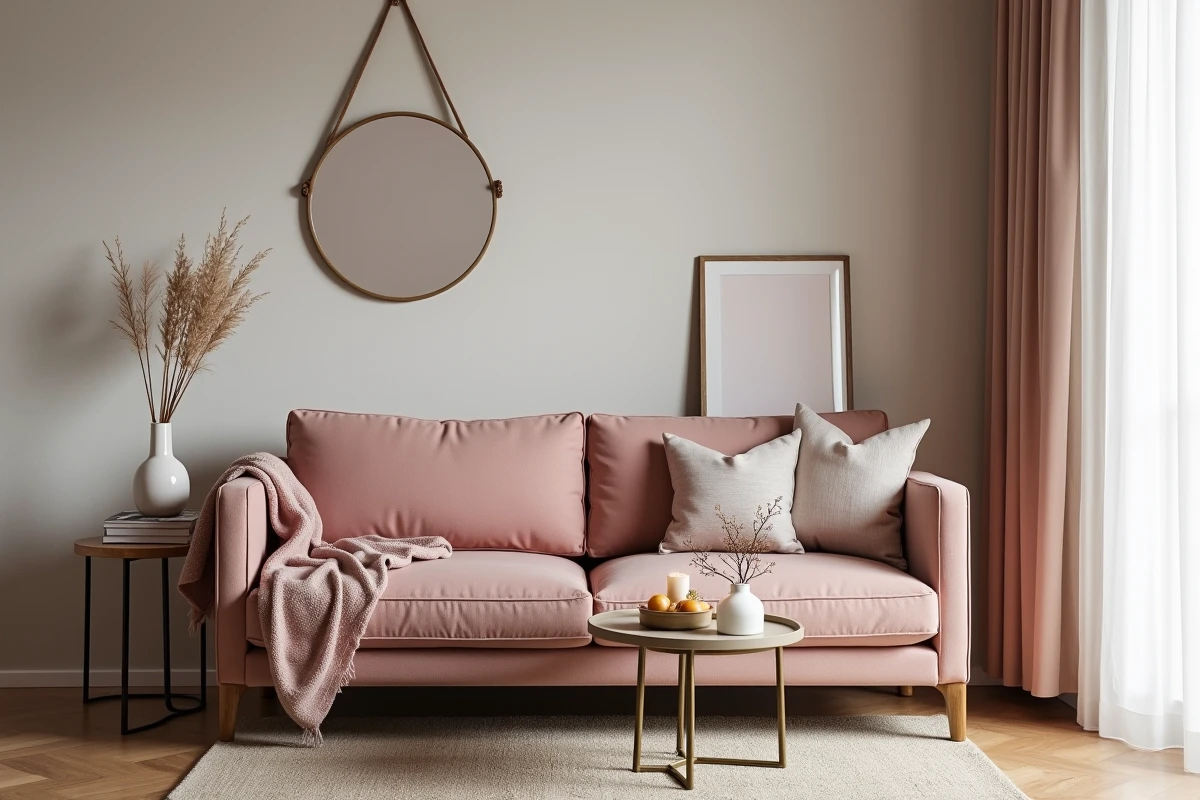 Salon compact décoré avec soin : canapé rose, table basse laiton et détails décoratifs dans un petit espace
