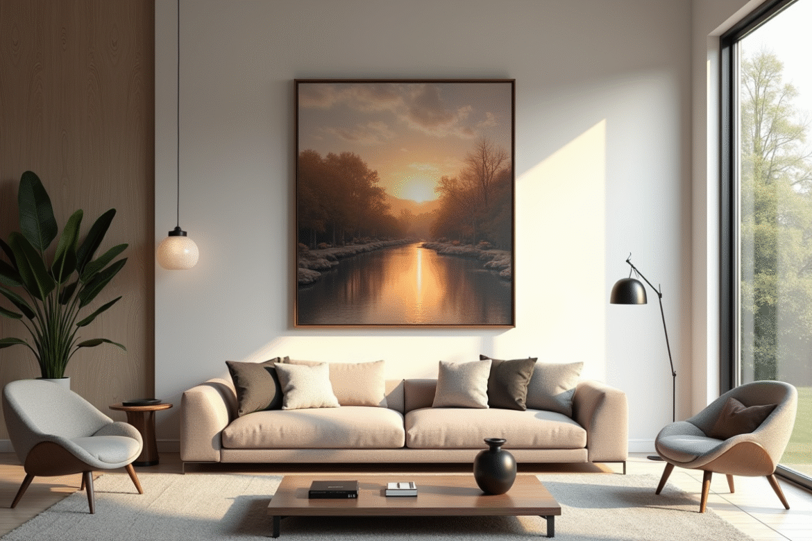 Salon moderne avec grande peinture au mur et canapé élégant