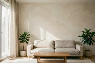 Salon lumineux avec peinture murale blanc cassé mat et lumière naturelle traversant des rideaux en lin, ambiance scandinave épurée