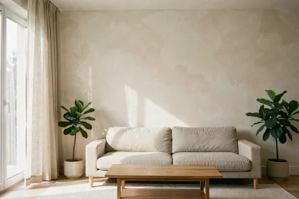 Salon lumineux avec peinture murale blanc cassé mat et lumière naturelle traversant des rideaux en lin, ambiance scandinave épurée