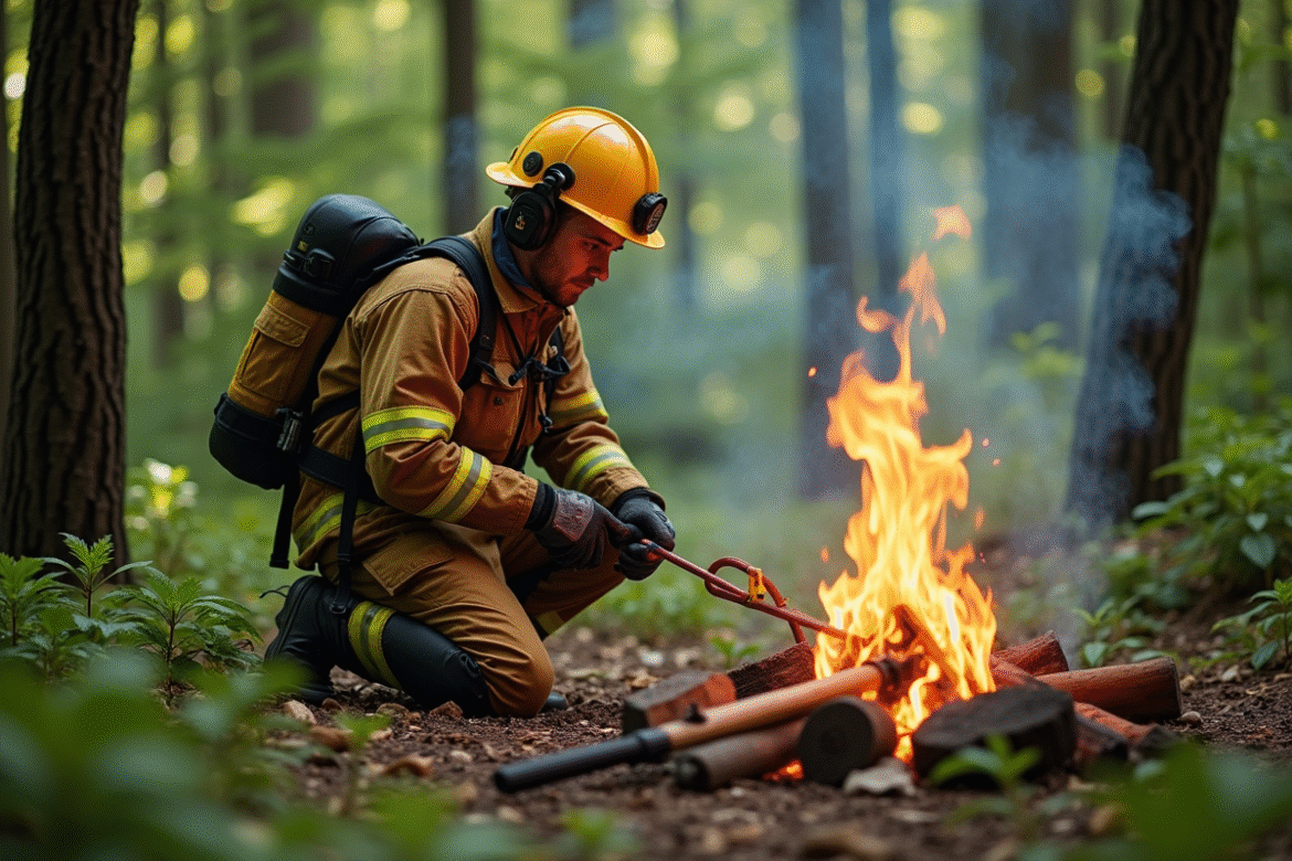 Sapeur-pompier en équipement moderne vérifiant un feu contrôlé en forêt
