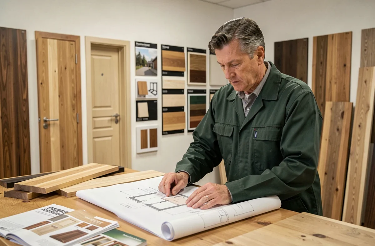 Expert de SAS Espace AMG consultant des plans de menuiserie dans un showroom professionnel