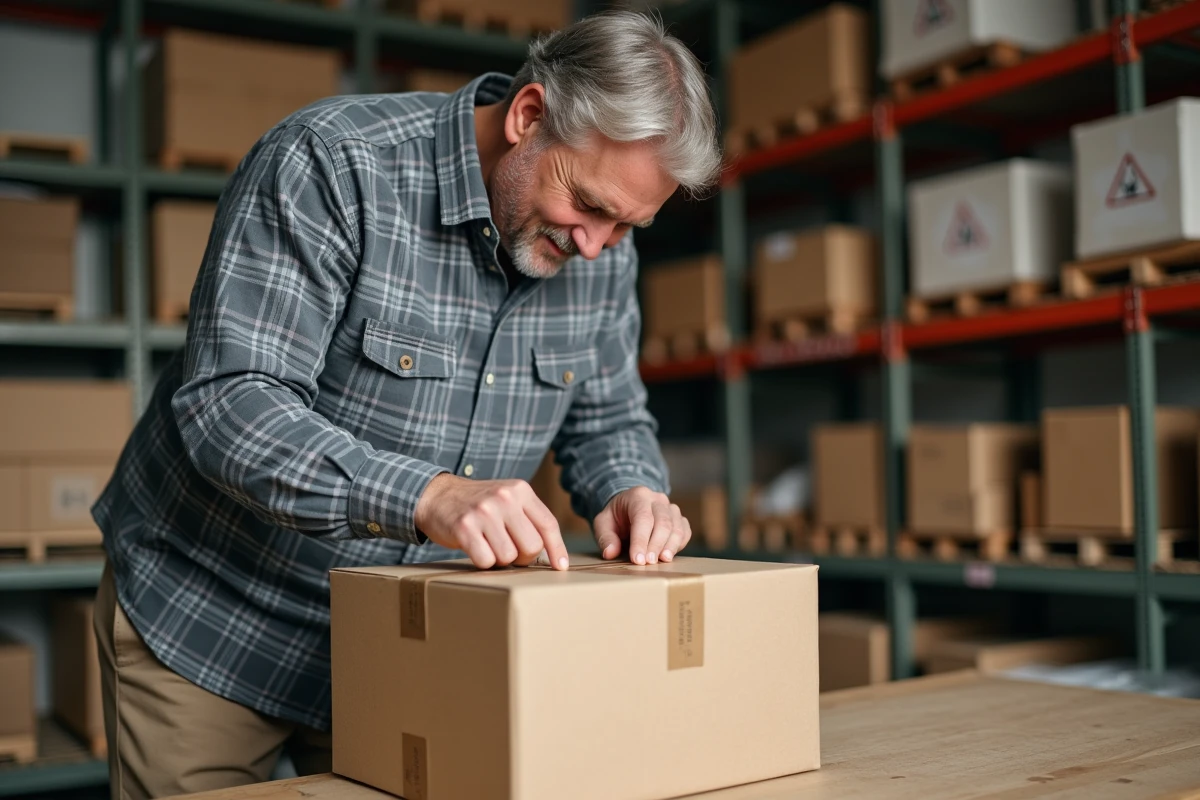 Homme scellant une boîte en carton dans un entrepôt écologique