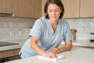 Femme de ménage professionnelle essuyant un plan de travail dans une cuisine moderne à La Roche-sur-Yon