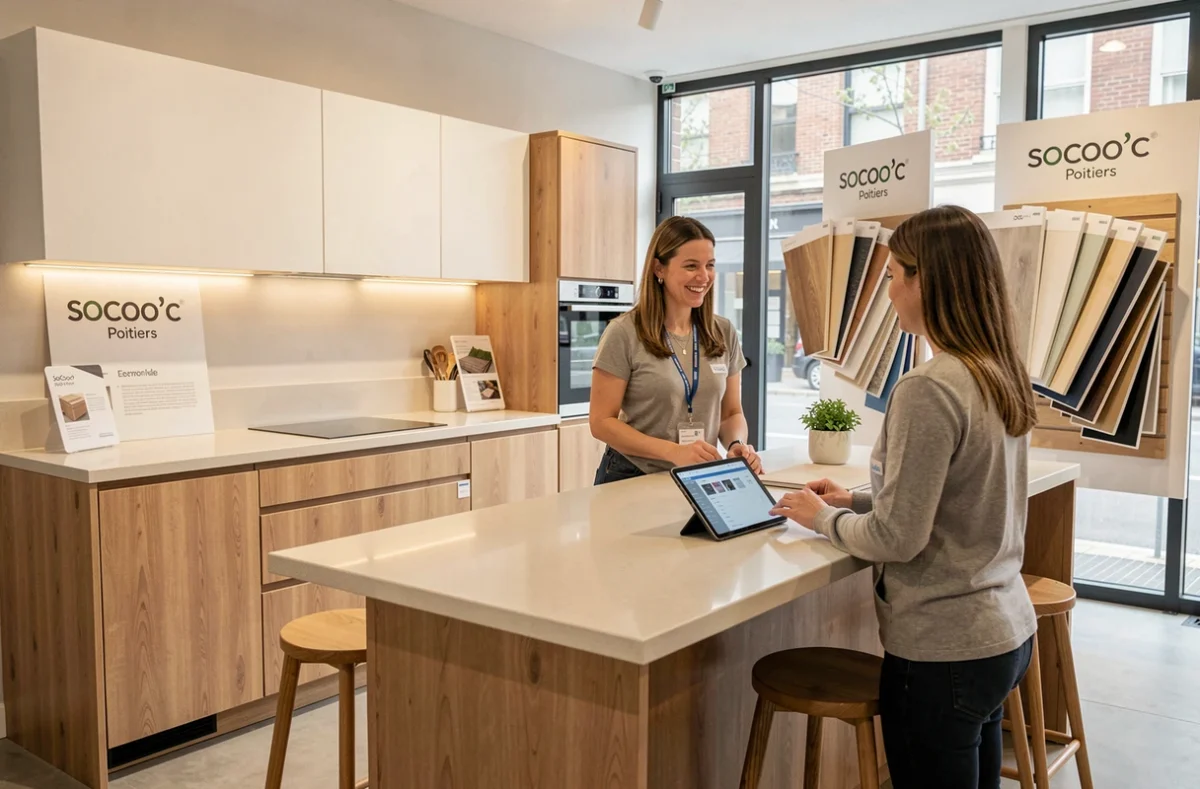 Conseillère SoCoo'c Poitiers présentant une cuisine bicolore bois et blanc à une cliente dans le showroom
