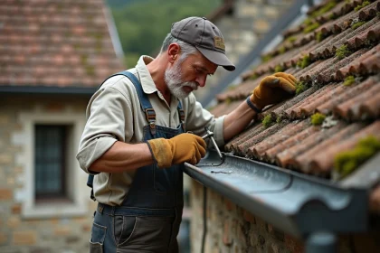 Artisan soudant une gouttière en zinc sur une maison ancienne en pierre, gros plan sur le travail de soudure