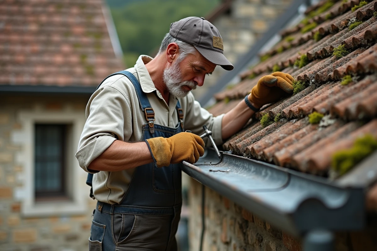 Artisan soudant une gouttière en zinc sur une maison ancienne en pierre, gros plan sur le travail de soudure