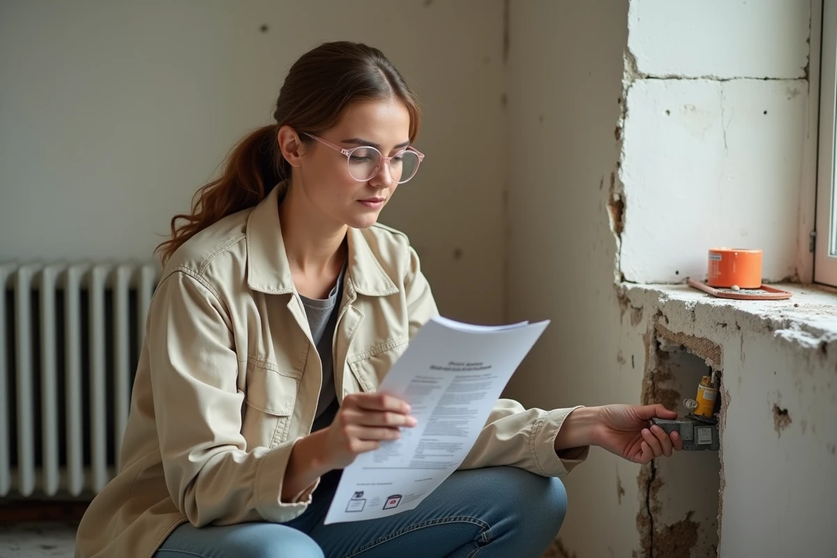 Spécialiste en rénovation examinant un raccord étanche dans une salle de bain en cours de rénovation avec ancienne installation électrique apparente