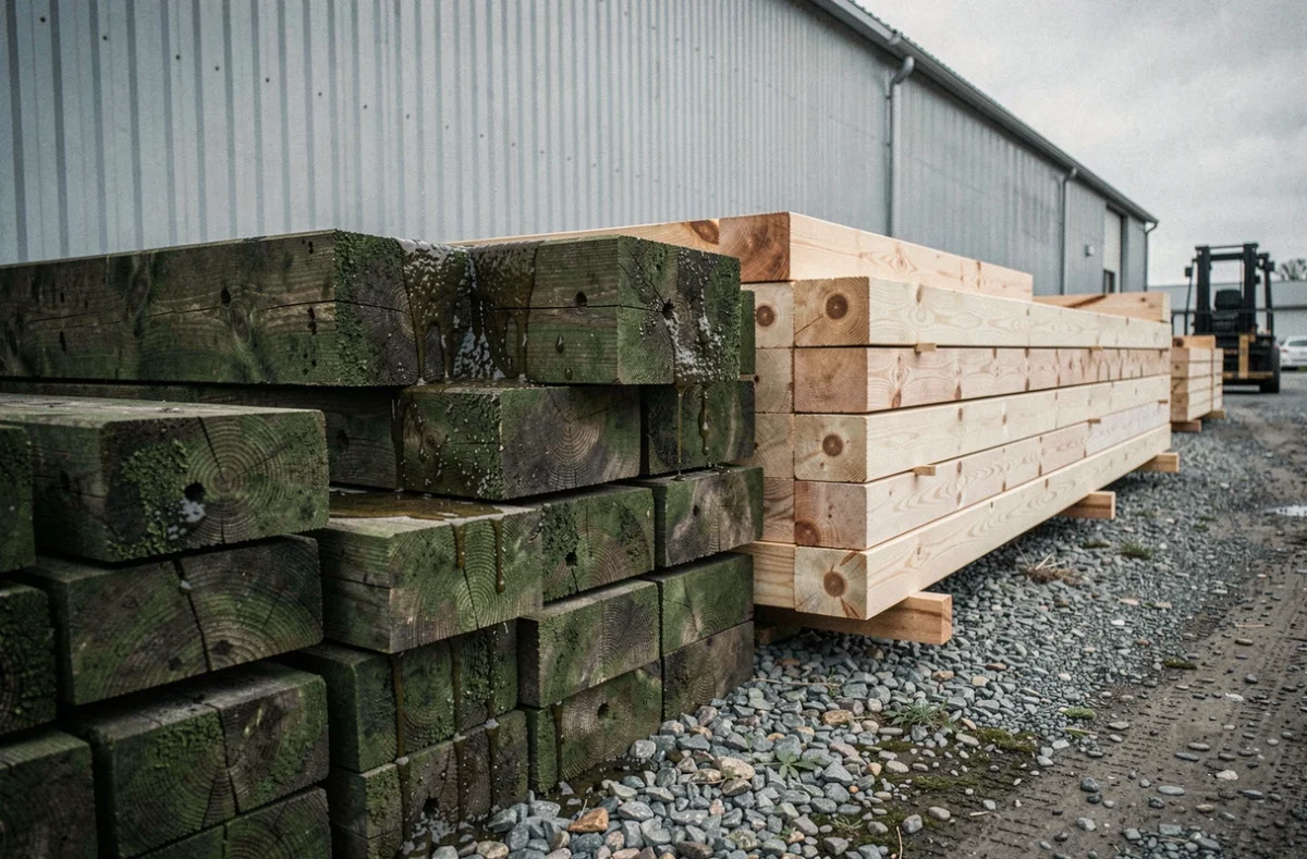 Stock de traverses de chemin de fer en bois traité et bois brut dans un entrepôt de matériaux ferroviaires