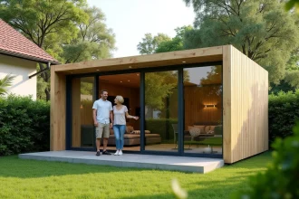 Couple découvrant leur studio de jardin Greenkub en bois naturel installé dans un jardin verdoyant en banlieue