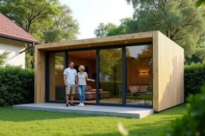Couple découvrant leur studio de jardin Greenkub en bois naturel installé dans un jardin verdoyant en banlieue