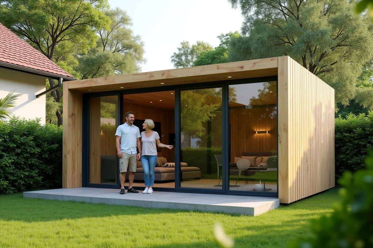 Couple découvrant leur studio de jardin Greenkub en bois naturel installé dans un jardin verdoyant en banlieue