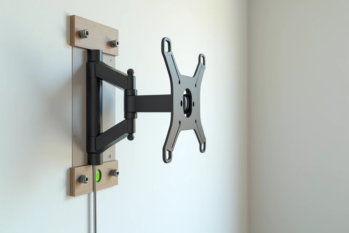Gros plan sur un support TV inclinable fixé sur cloison en plaque de plâtre avec chevilles et vis apparentes