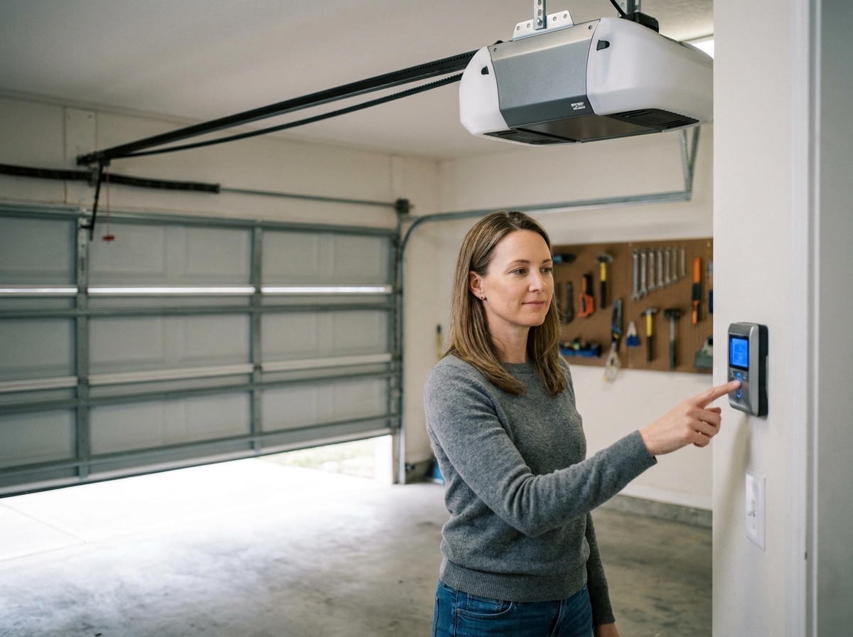 Femme actionnant un système d'ouverture automatique de porte de garage avec moteur électrique visible au plafond