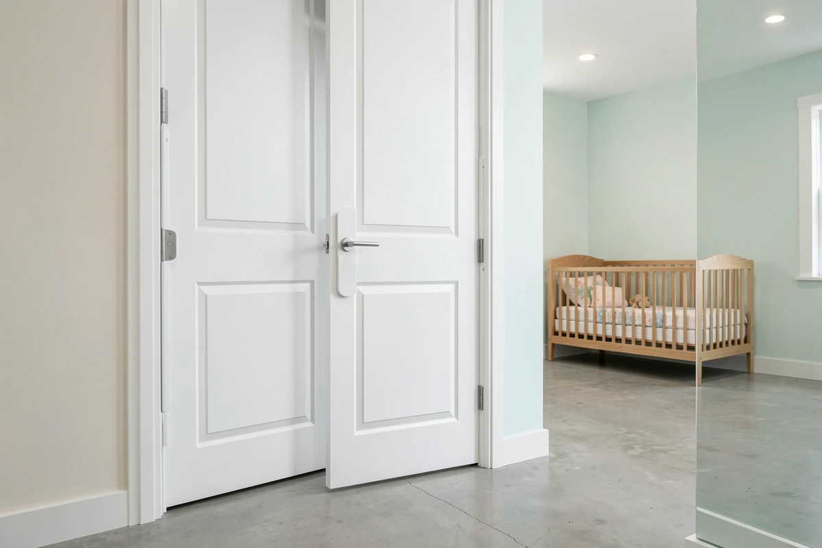 Système de protection pince-doigt blanc installé sur les deux côtés d'une porte intérieure dans une chambre de bébé contemporaine avec berceau en bois