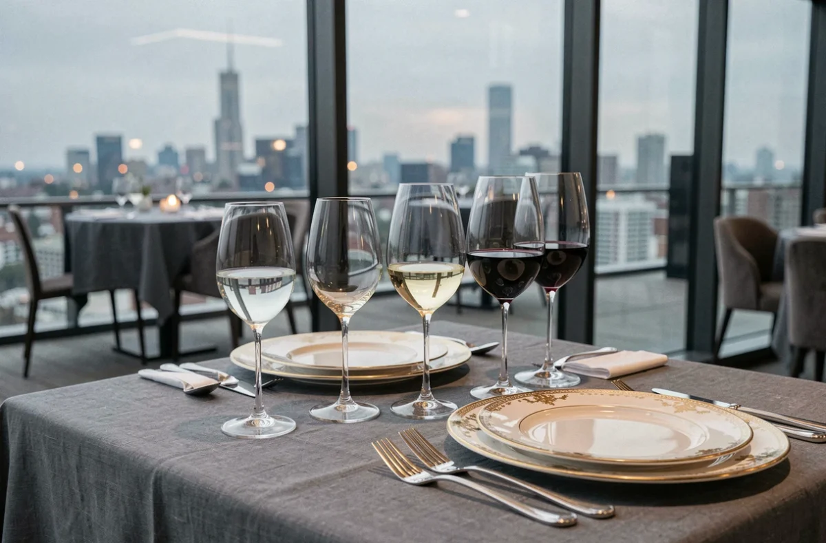 Table gastronomique dressée pour deux avec alignement de verres à eau et à vin, couverts et vue sur la ville en arrière-plan
