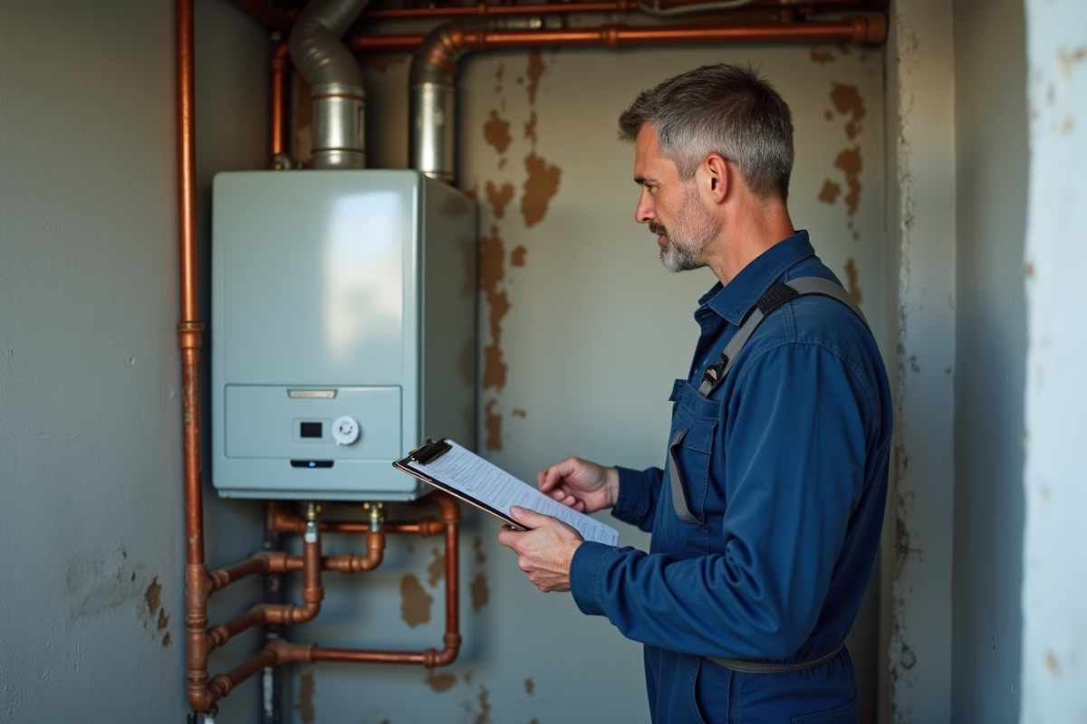 Technicien en overalls examine une vieille chaudiere murale