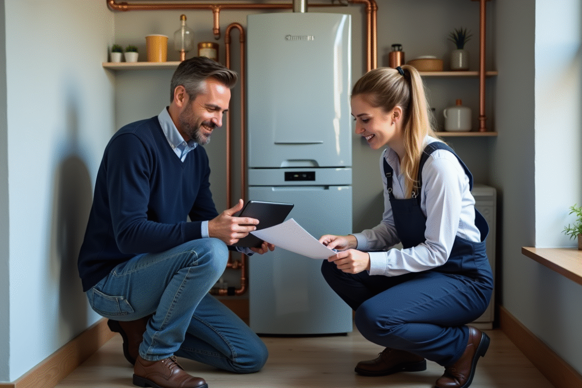 Homme souriant avec une technicienne près d'une chaudière