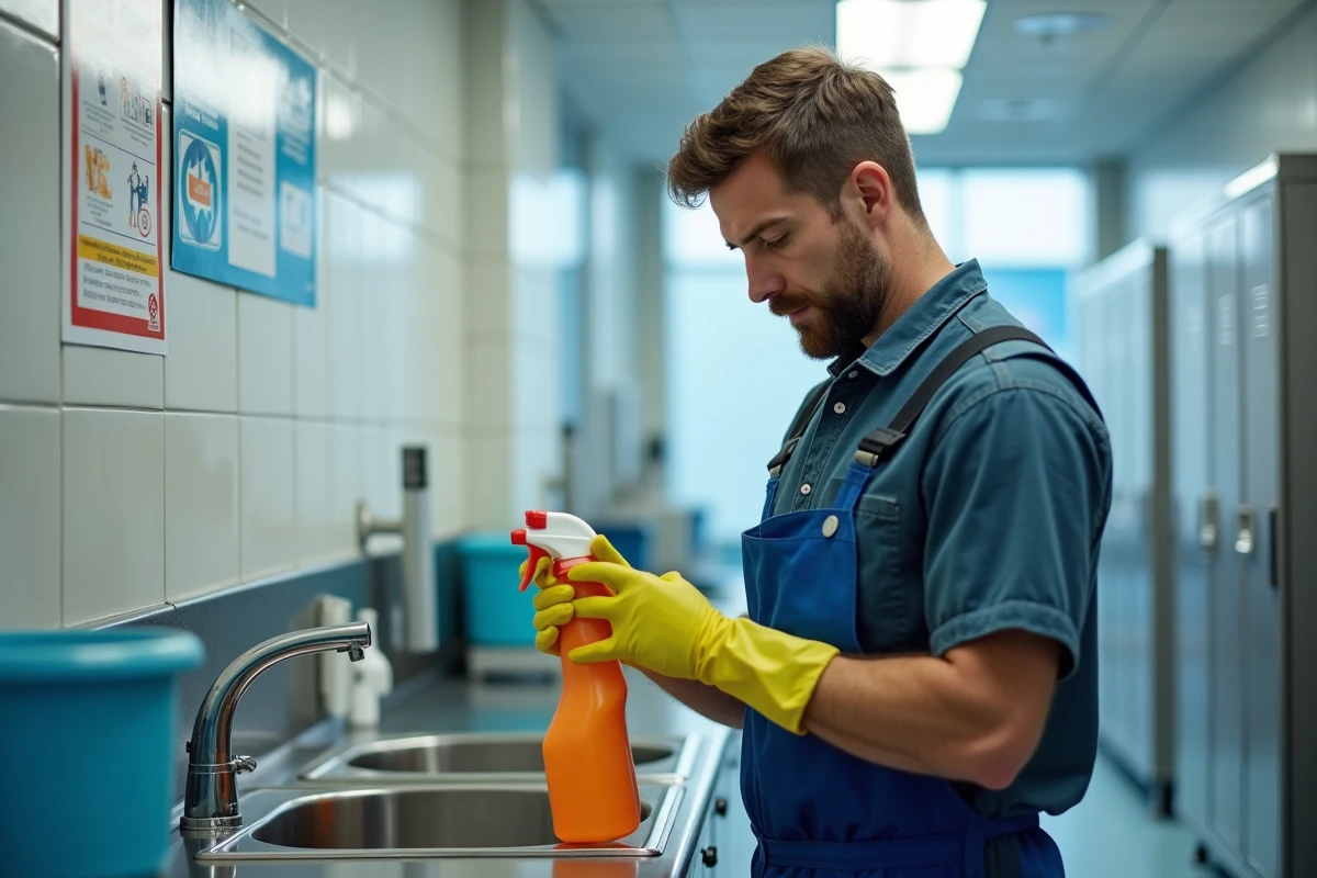 Homme en tenue de protection vérifiant une bouteille de nettoyant