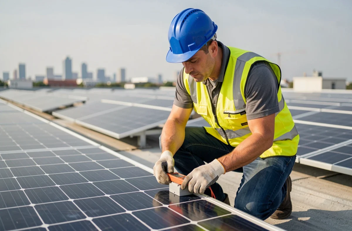 Technicien solaire inspectant un panneau photovoltaïque avec un multimètre sur un toit industriel équipé de rangées de modules