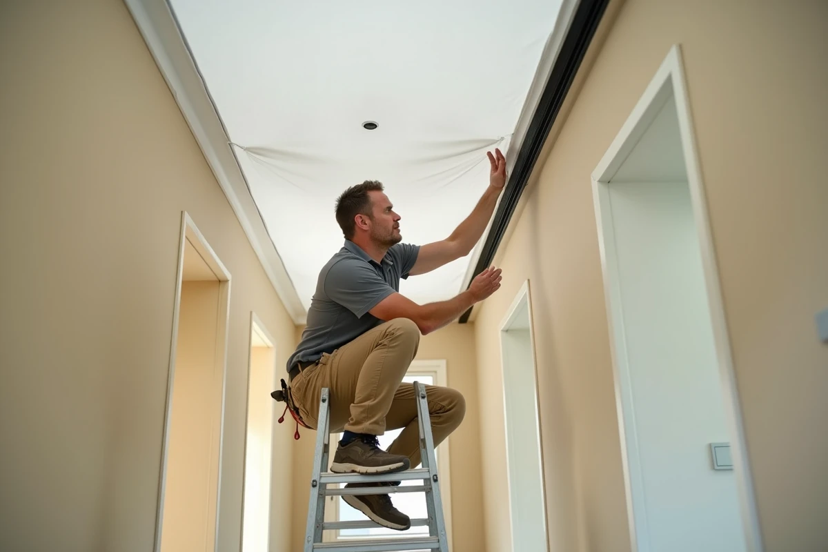 Technicien inspectant une déformation sur un plafond tendu dans un couloir