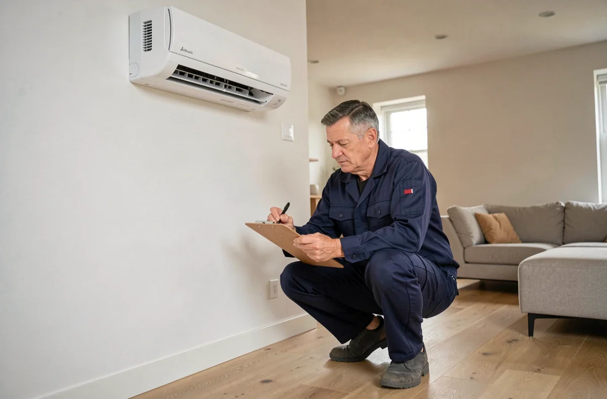 Technicien HVAC inspectant une unité intérieure de pompe à chaleur air-air Mitsubishi multisplit dans un salon moderne