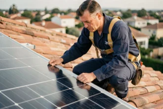 Technicien installant un panneau solaire sur un toit en tuiles avec harnais de sécurité, réglant l'inclinaison pour une exposition optimale au sud