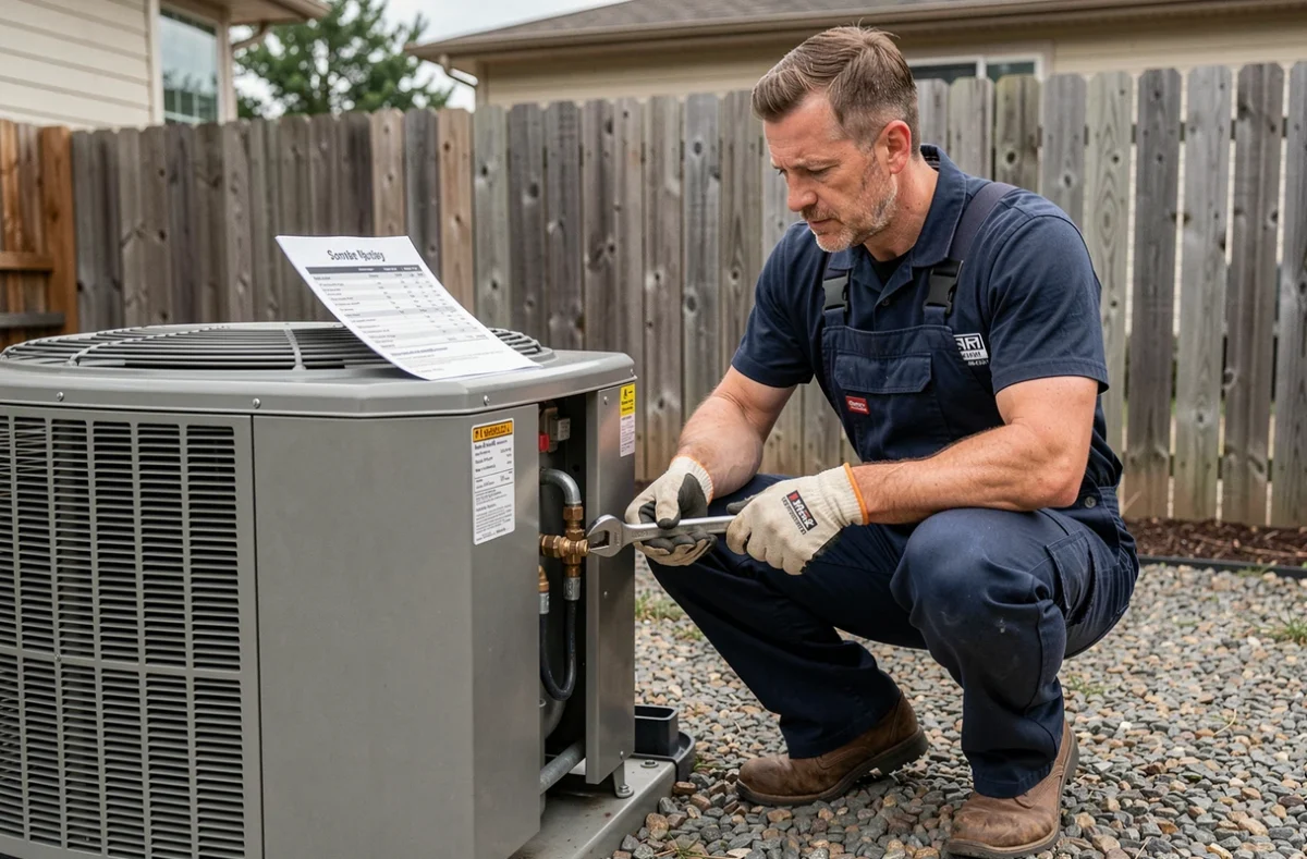 Technicien HVAC installant une pompe à chaleur de 25 kW dans le jardin d'une maison résidentielle, raccordement des tuyaux frigorifiques