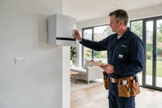Technicien installant une pompe à chaleur air-air dans une maison de 200 m2