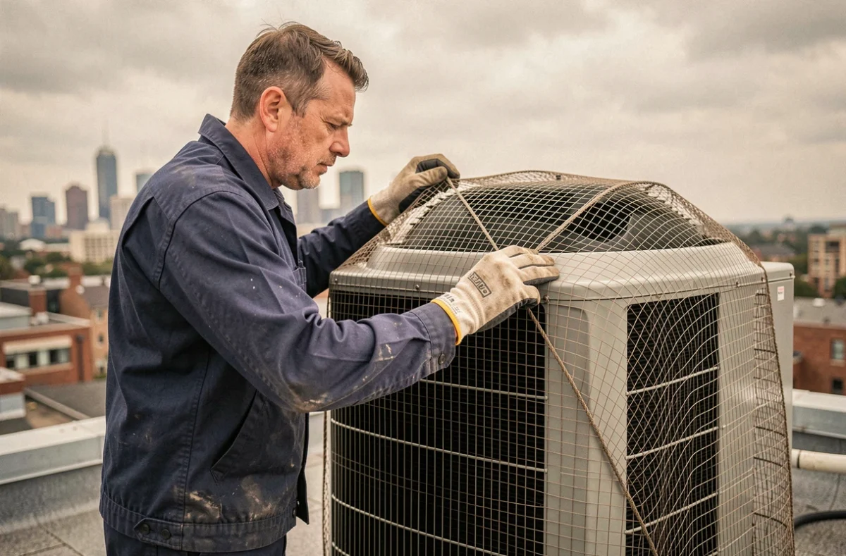 Technicien installant une grille anti-grêle sur une pompe à chaleur en toiture