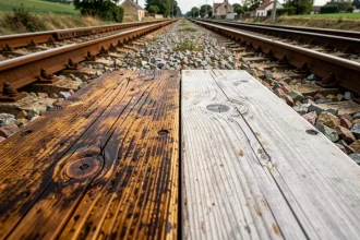 Comparaison d'une traverse de chemin de fer en bois traité versus bois brut sur ballast de granite en campagne française