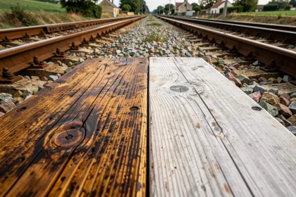 Comparaison d'une traverse de chemin de fer en bois traité versus bois brut sur ballast de granite en campagne française