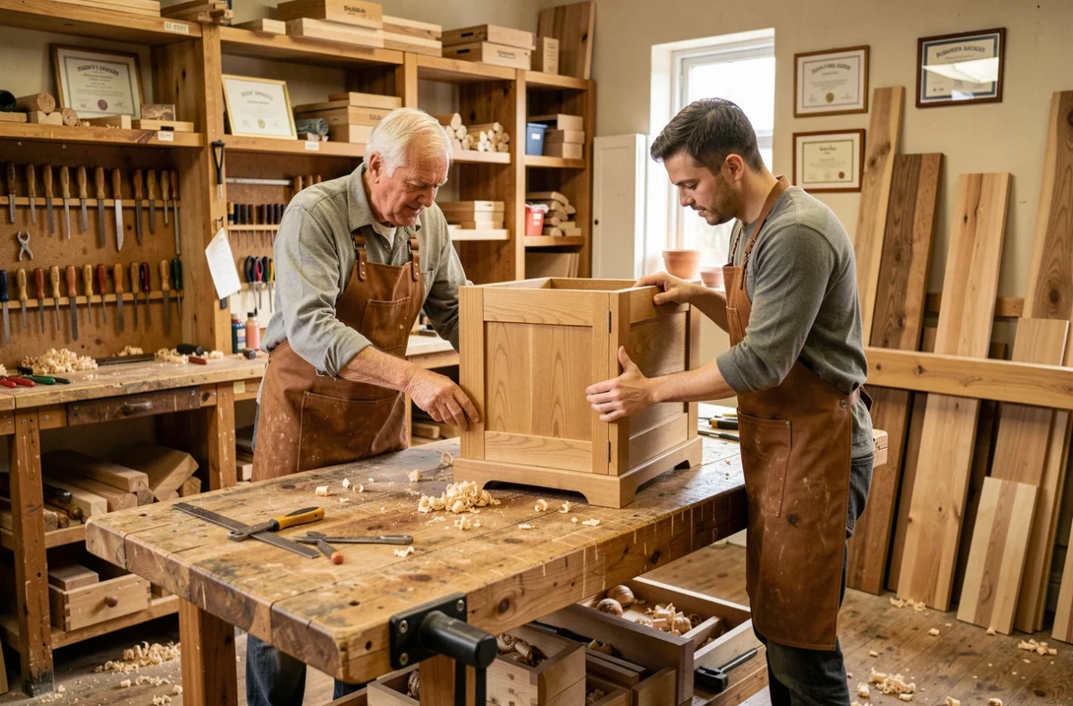 Père et fils de Treccani et Fils assemblant un meuble de cuisine en chêne massif dans leur atelier familial de menuiserie