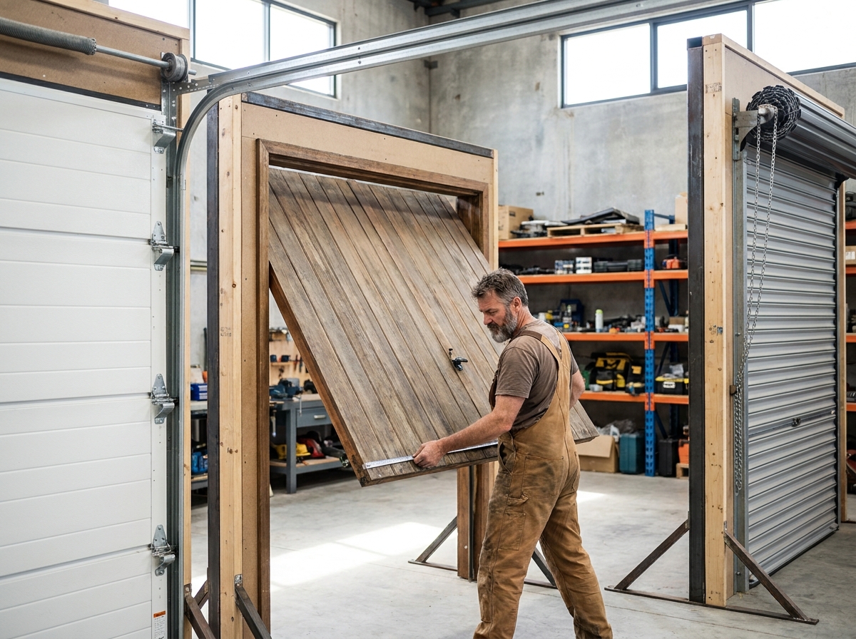 Différents types de portes de garage exposés dans un showroom, avec un installateur qui compare les modèles