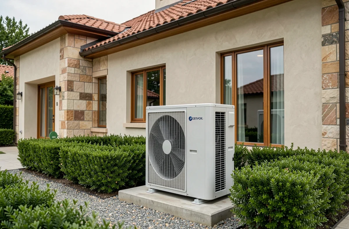 Unité extérieure de pompe à chaleur air-air installée devant une maison de 200 m2